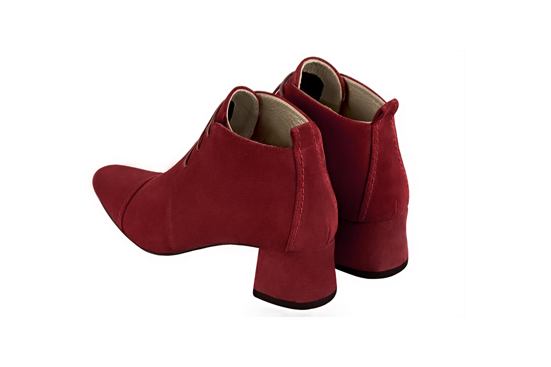 Burgundy red women's ankle boots with laces at the front. Round toe. Low flare heels. Rear view - Florence KOOIJMAN